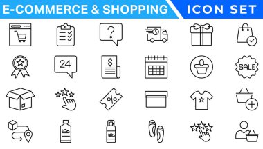 Alışveriş ikonları ayarlandı. E-ticaret simgesi koleksiyonu. Çevrimiçi alışveriş çizgisi simgeleri. Dükkan simgeleri vektörü