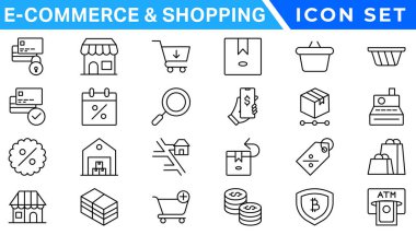 E-ticaret avd alışveriş ikonları seti. E-ticaret simgesi koleksiyonu. Çevrimiçi alışveriş çizgisi simgeleri. Dükkan simgeleri vektörü