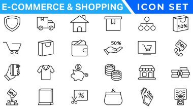 E-ticaret avd alışveriş ikonları koleksiyonu seti. Çevrimiçi alışveriş çizgisi simgeleri. Dükkan simgeleri vektörü