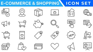 E-ticaret avd alışveriş ikonları seti. E-ticaret simgesi koleksiyonu. Çevrimiçi alışveriş çizgisi simgeleri. Dükkan simgeleri vektörü