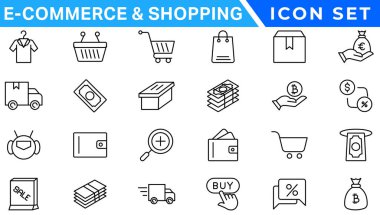 E-ticaret avd alışveriş ikonları koleksiyonu seti. Çevrimiçi alışveriş çizgisi simgeleri. Dükkan simgeleri vektörü