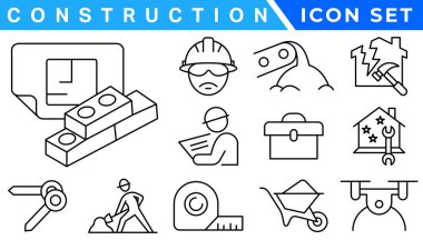 construction simple line isolated icon collection. Editable Stroke. Repair, Renovation, Work Tools, Materials clipart