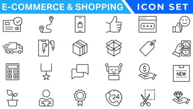 E-ticaret avd alışveriş ikonları koleksiyonu seti. Çevrimiçi alışveriş çizgisi simgeleri. Dükkan simgeleri vektörü