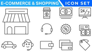 E-ticaret avd alışveriş ikonları koleksiyonu seti. Çevrimiçi alışveriş çizgisi simgeleri. Dükkan simgeleri vektörü