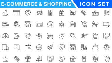 E-Ticaret ve Alışveriş İnce çizgi simgeleri ayarlandı. E-Ticaret, Alışveriş, Çevrimiçi Alışveriş, Düzenlenebilir Vuruşlar ikonu koleksiyonu. Alışveriş simgeleri ayarlandı