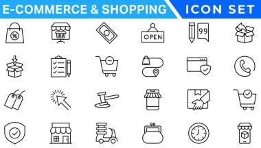 E-Ticaret ve Alışveriş İnce çizgi simgeleri ayarlandı. E-Ticaret, Alışveriş, Çevrimiçi Alışveriş, Düzenlenebilir Vuruşlar ikonu koleksiyonu. Alışveriş simgeleri ayarlandı