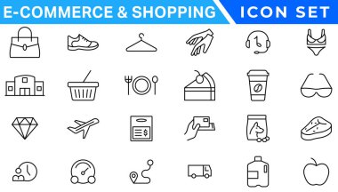 E-ticaret avd alışveriş ikonları koleksiyonu seti. Çevrimiçi alışveriş çizgisi simgeleri. Dükkan simgeleri vektörü
