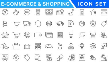 E-ticaret avd alışveriş ikonları koleksiyonu seti. Çevrimiçi alışveriş çizgisi simgeleri. Dükkan simgeleri vektörü