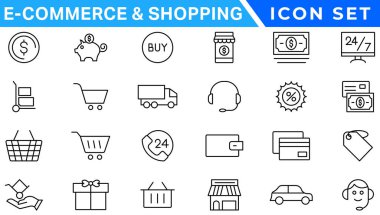 E-ticaret avd alışveriş ikonları koleksiyonu seti. Çevrimiçi alışveriş çizgisi simgeleri. Dükkan simgeleri vektörü