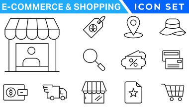 E-ticaret avd alışveriş ikonları koleksiyonu seti. Çevrimiçi alışveriş çizgisi simgeleri. Dükkan simgeleri vektörü