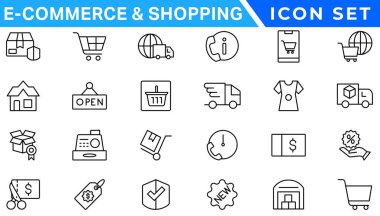E-Ticaret ve Alışveriş İnce çizgi simgeleri ayarlandı. E-Ticaret, Alışveriş, Çevrimiçi Alışveriş, Düzenlenebilir Vuruşlar ikonu koleksiyonu. Alışveriş simgeleri ayarlandı