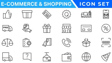 E-Ticaret ve Alışveriş İnce çizgi simgeleri ayarlandı. E-Ticaret, Alışveriş, Çevrimiçi Alışveriş, Düzenlenebilir Vuruşlar ikonu koleksiyonu. Alışveriş simgeleri ayarlandı