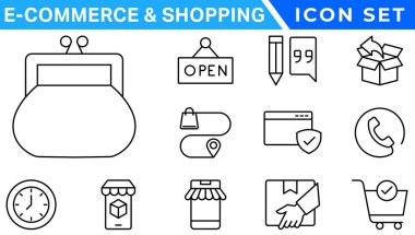E-Ticaret ve Alışveriş İnce çizgi simgeleri ayarlandı. E-Ticaret, Alışveriş, Çevrimiçi Alışveriş, Düzenlenebilir Vuruşlar ikonu koleksiyonu. Alışveriş simgeleri ayarlandı
