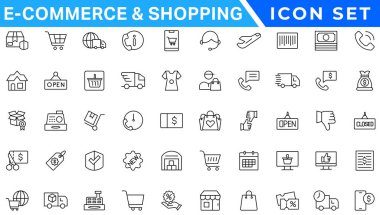 E-Ticaret ve Alışveriş İnce çizgi simgeleri ayarlandı. E-Ticaret, Alışveriş, Çevrimiçi Alışveriş, Düzenlenebilir Vuruşlar ikonu koleksiyonu. Alışveriş simgeleri ayarlandı