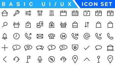 Kullanıcı Arayüzü Simgeleri Koleksiyonu, Temel ui ux simgesi seti. Kullanıcı arayüzünün simgesini ayarla. Vektör çizimi. Düzenlenebilir vuruş... piksel mükemmel.