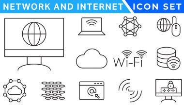 Ağ simgeleri. Ağ simgesi seti. Ağ çizgisi simgeleri. Vektör çizimi. Düzenlenebilir vuruş.