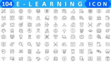 Çevrimiçi eğitim ikonu seti. Video harcı, e-öğrenme, çevrimiçi kurs, ses kursu, eğitim web sitesi ve dijital eğitim simgeleri içeriyor. Solid simge koleksiyonu.