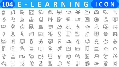 E-öğrenme çizgisi simgeleri koleksiyonu. Eğitim, okul, bilgi, online eğitim ikonları. Kullanıcı simgesi seti. İnce taslak simgeler paketi. Vektör illüstrasyonu