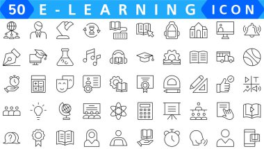 E-öğrenme simgeleri ayarlandı. Web tasarımı, uygulama ve daha fazlası için basit düzenlenebilir simgelerin toplanması.