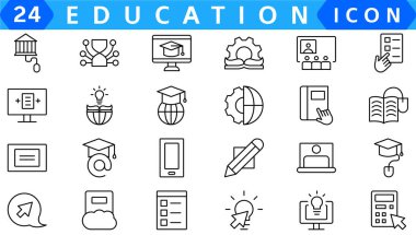 Eğitim ve Öğrenme web simgeleri satır tarzında. Okul, üniversite, ders kitabı, öğrenme. Vektör çizimi.