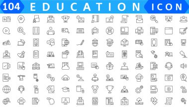 Education line icon collection..Contains knowledge, college, task list, design, training, idea, .teacher, file, graduation hat, institute, ruler, and telescope..Education set of web icons in style clipart