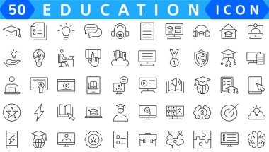 E-learning icon set. Online education icon set. Thin line icons set. Distance learning. Containing video tuition, e-learning, online course, audio course, educational website