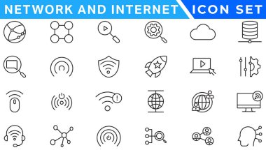Ağ ve internet ana hatları simgeleri. çevrimiçi, bilgisayar, ağ, site, sunucu, web tasarımı, donanım, yazılım ve programlama için doğrusal simge koleksiyonu. Solid simge illüstrasyon koleksiyonu