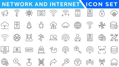 Ağ ve internet ana hatları simgeleri. çevrimiçi, bilgisayar, ağ, site, sunucu, web tasarımı, donanım, yazılım ve programlama için doğrusal simge koleksiyonu. Solid simge illüstrasyon koleksiyonu