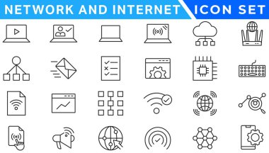 Ağ ve internet ana hatları simgeleri. çevrimiçi, bilgisayar, ağ, site, sunucu, web tasarımı, donanım, yazılım ve programlama için doğrusal simge koleksiyonu. Solid simge illüstrasyon koleksiyonu