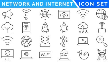 Ağ ve internet ana hatları simgeleri. çevrimiçi, bilgisayar, ağ, site, sunucu, web tasarımı, donanım, yazılım ve programlama için doğrusal simge koleksiyonu. Solid simge illüstrasyon koleksiyonu