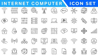 İnternet bilgisayar satırı simgesi seti. İletişim simgeleri için web sitesi simgesi. Bilgisayar, ağ, web sitesi, sunucu, web tasarımı, donanım, yazılım ve daha fazlası. Web sitesi simge vektörü