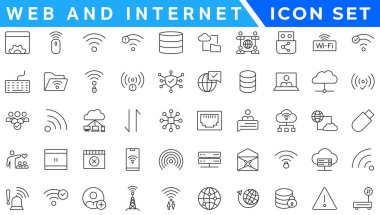 Kablosuz ve Ağ vektör çizgisi simgesi ayarlandı. Bağlantı, Sinyal, İnternet, Telefon, Radyo, Bilgisayar, Wiifi, İletişim, Anten gibi doğrusal ana hat simgeleri içerir. Düzenlenebilir kullanım ve vuruş