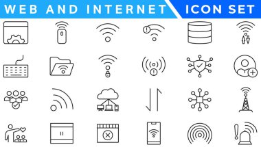 Kablosuz ve Ağ vektör çizgisi simgesi ayarlandı. Bağlantı, Sinyal, İnternet, Telefon, Radyo, Bilgisayar, Wiifi, İletişim, Anten gibi doğrusal ana hat simgeleri içerir. Düzenlenebilir kullanım ve vuruş