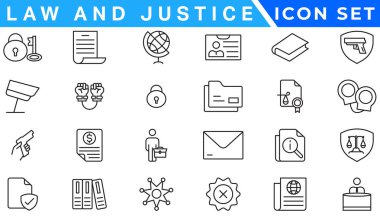 law & justice icons. editable thin line icons such as passion, fired, oath, accredited, diversify, judge chair, alerts, manufacture stock vector. clipart