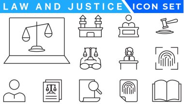 Hukuk ve adalet simgeleri. Tutku, kovulma, yemin, akreditasyon, çeşitlendirme, yargıç koltuğu, alarmlar, hisse senedi vektörü üretimi gibi düzenlenebilir ince çizgi simgeleri.