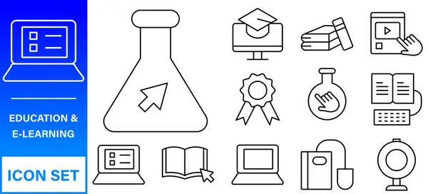 E-öğrenme, çevrimiçi eğitim unsurları - minimal ince çizgi web simgesi seti. Taslak simge koleksiyonu. 