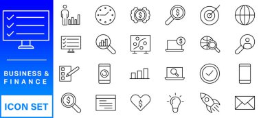 Business and Finance web icons in line style. Money, bank, contact, infographic. Icon collection. Vector illustration clipart