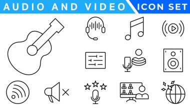 Ses ve video web simgeleri ince çizgi tasarımında ayarlandı. Kamera filmi, ses, radyo, müzik akışı, fotoğrafçılık, kulaklık, sinema, podcast, yayın, diğer.