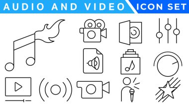 Audio and video web icons set in thin line design. Pack of camera movie, voice, radio, music streaming, photography, headphones, cinema, podcast, broadcasting, other. clipart