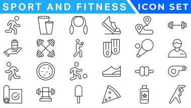 Sport and Fitness icon set with editable stroke. Healthy lifestyle thin line icon collection. Gym and health care icons. clipart