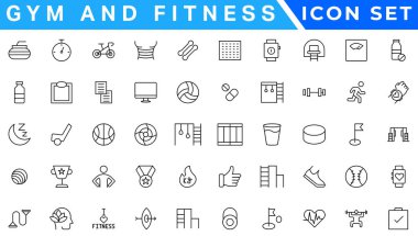 Spor salonu ve spor salonu ikonu seti. Sağlıklı yaşam tarzı, ağırlık eğitimi, vücut bakımı ve egzersiz malzemesi ikonları içerir. Solid simge vektör koleksiyonu.