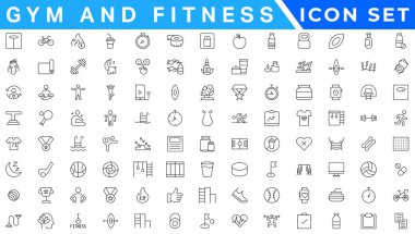 Spor salonu ve spor salonu ikonu seti. Sağlıklı yaşam tarzı, ağırlık eğitimi, vücut bakımı ve egzersiz malzemesi ikonları içerir. Solid simge vektör koleksiyonu.