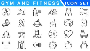 Spor salonu ve spor salonu ikonu seti. Sağlıklı yaşam tarzı, ağırlık eğitimi, vücut bakımı ve egzersiz malzemesi ikonları içerir. Solid simge vektör koleksiyonu.