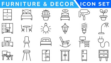 Mobilya - en az ince çizgi ağ simgesi seti. Taslak simge koleksiyonu. Basit vektör illüstrasyonu.