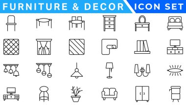 Mobilya - en az ince çizgi ağ simgesi seti. Taslak simge koleksiyonu. Basit vektör illüstrasyonu.