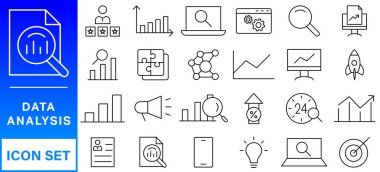Veri analiz çizgisi simgesi ayarlandı. Düzenlenebilir felç. Büyük veri, veri madenciliği, algoritma, analitik, makine öğrenimi, ai, bilim, depo, veritabanı, veri ve daha fazlasını içerir. 