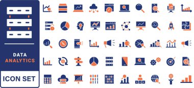 Veri analiz simgesi ayarlandı. Veri analizi, veri madenciliği, küresel veri, izleme, veri işleme, büyük veri, görselleştirme ve daha fazlasını içeriyor. Taslak vektör simgeleri koleksiyonu.