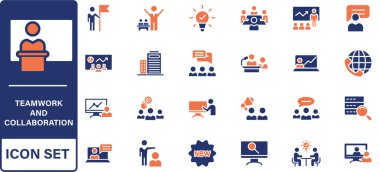 Takım çalışması ve işbirliği simgesi seti. Takımlar, liderlik, toplantılar, proje yönetimi, beyin fırtınası, takım büyümesi, destek, ortaklık ve uzaktan çalışma için ince çizgi oluşturulabilir vuruş simgeleri.