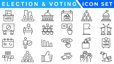 Seçimler ve oylar Düzenlenebilir Vuruş simgesi belirlendi. Demokrasi, oy, hükümet, oy kullanma, kampanya, siyasi, oy pusulası, aday ve cumhurbaşkanı simgeleri.