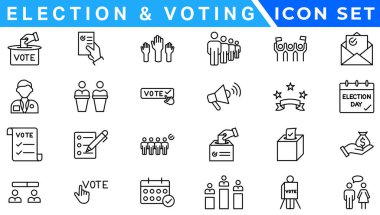 Seçimler ve oylar Düzenlenebilir Vuruş simgesi belirlendi. Demokrasi, oy, hükümet, oy kullanma, kampanya, siyasi, oy pusulası, aday ve cumhurbaşkanı simgeleri.